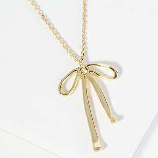 Y25- 18K Gold Dipped Brass Ribbon Bow Pendant Necklace(available in Gold & Silver) - Thumbnail 2