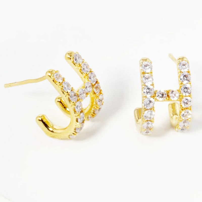 INS3-18k Gold Dipped CZ Pave H Shape 13mm Hoop Earrings Main Image