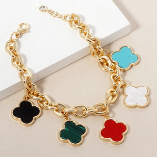 Q10- 18K Gold Dipped Five Quatrefoil Charms Link Chain Bracelet - Thumbnail 3