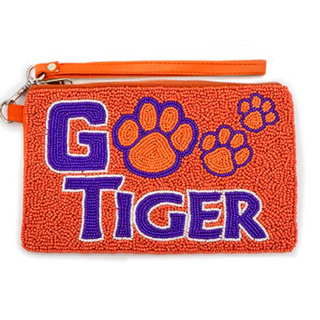 C77- orange & purple-Tiger beaded wristlet pouch 