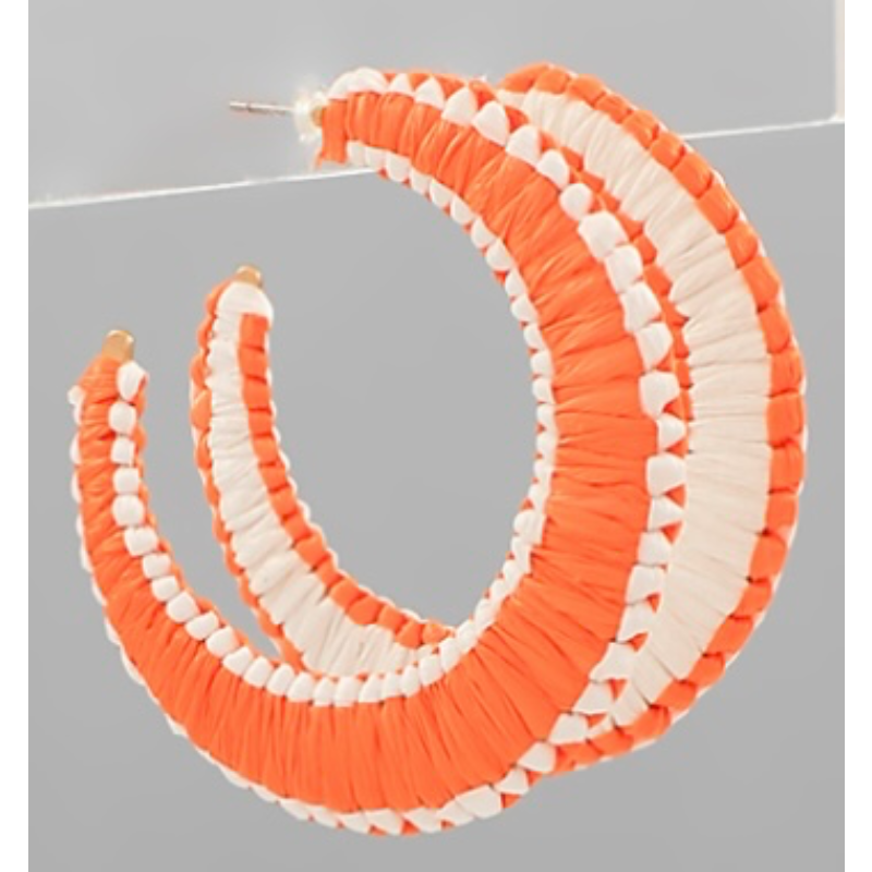 T102- 2.5” Orange/White Raffia Wrapped Flat Hoops Main Image