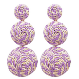 C44-Purple Raffia 3 Round Drop Earrings