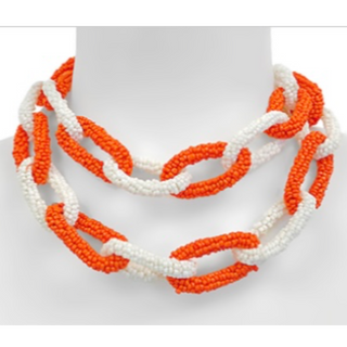 T137- 20” Orange/White "GAME DAY" Link Seedbead Necklace