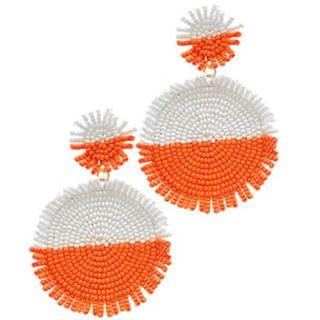 T138- 3” orange & white Beaded Round Earrings-