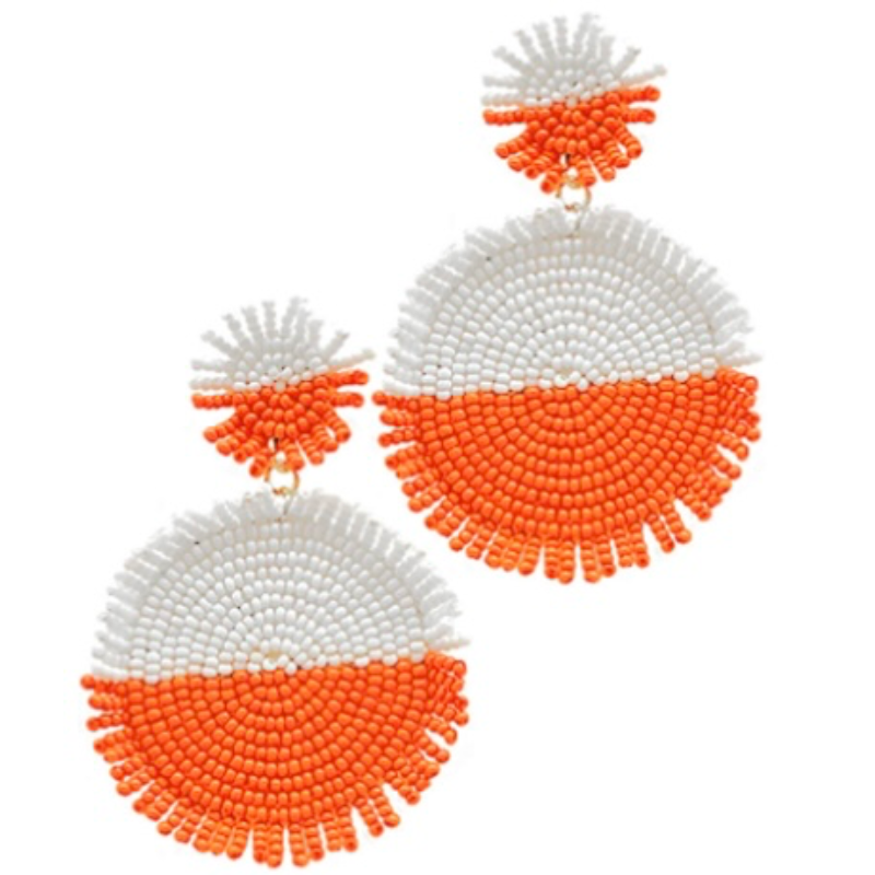 T138- 3” orange & white Beaded Round Earrings- Main Image