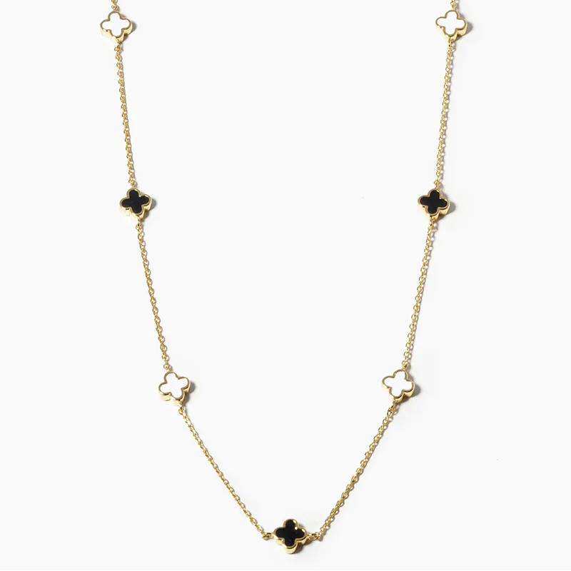 Q19- 18k Gold Dipped 6mm Enamel Filled Quatrefoil Station Necklace - Thumbnail (Preview) 3