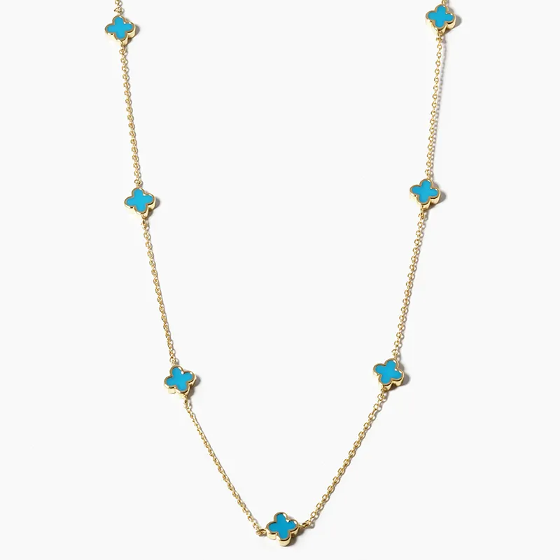 Q19- 18k Gold Dipped 6mm Enamel Filled Quatrefoil Station Necklace - Thumbnail (Preview) 8