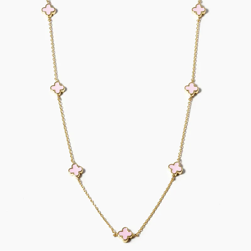 Q19- 18k Gold Dipped 6mm Enamel Filled Quatrefoil Station Necklace - Thumbnail (Preview) 6