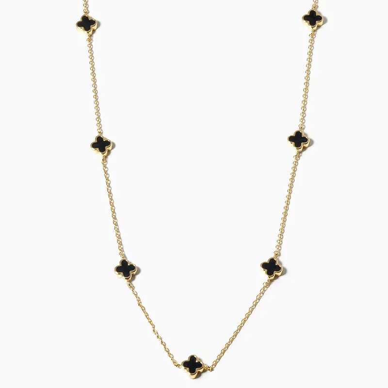 Q19- 18k Gold Dipped 6mm Enamel Filled Quatrefoil Station Necklace - Thumbnail (Preview) 2