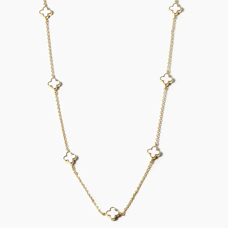 Q19- 18k Gold Dipped 6mm Enamel Filled Quatrefoil Station Necklace - Thumbnail (Preview) 9