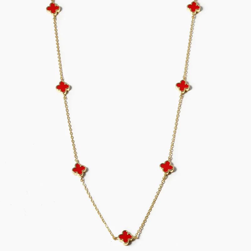 Q19- 18k Gold Dipped 6mm Enamel Filled Quatrefoil Station Necklace - Thumbnail (Preview) 7