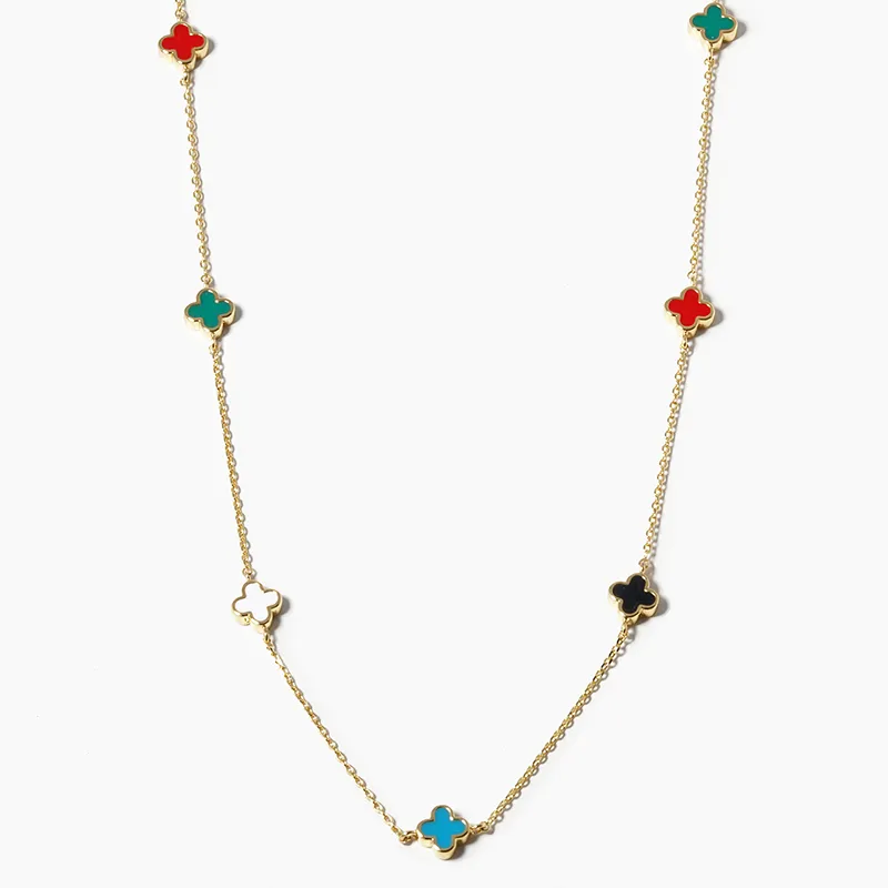 Q19- 18k Gold Dipped 6mm Enamel Filled Quatrefoil Station Necklace - Thumbnail (Preview) 5