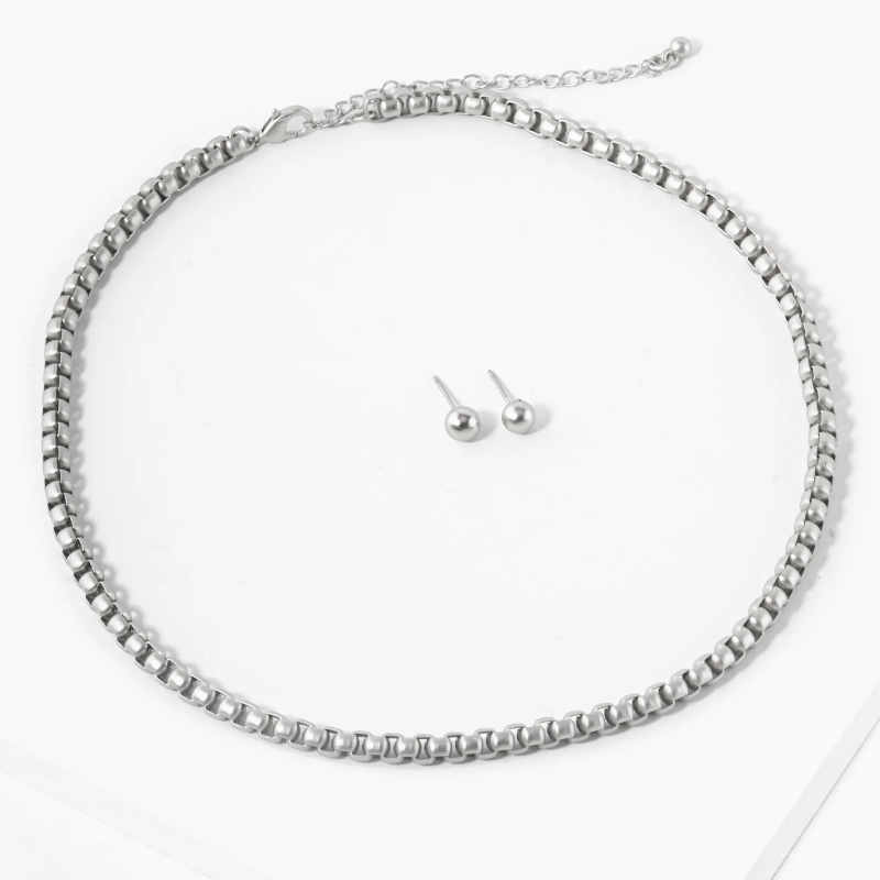 N47- 16 Inch Round Box Chain Necklace Set With Earrings - Thumbnail (Preview) 2