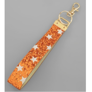 T28-  Orange Glitter White star wrist strap/ keychain