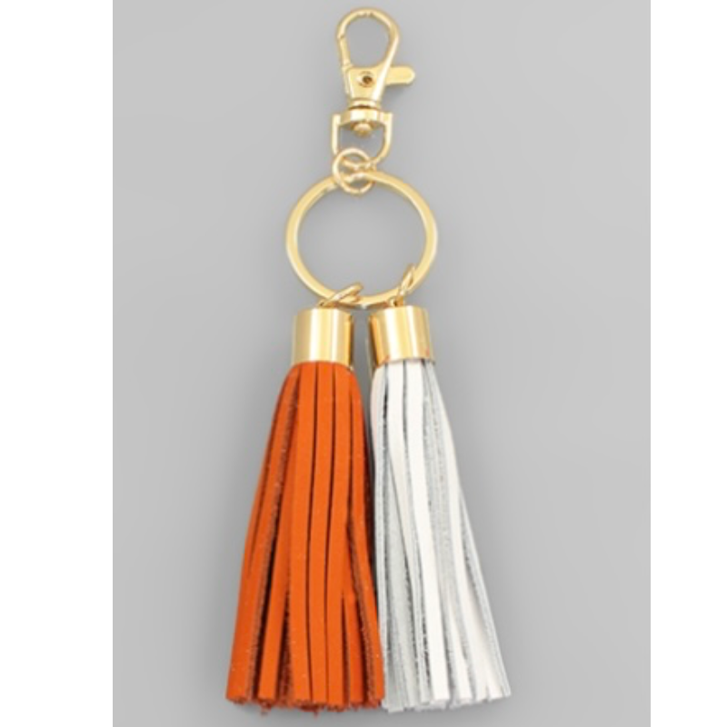 T122- Orange & White Leather Tassel Key Chain-  Main Image