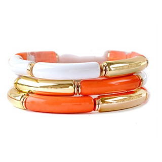 T168- Orange, White & Gold Stretch Gameday Metal Tube Bracelet