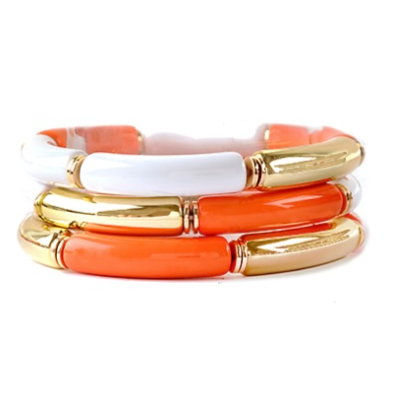 T168- Orange, White & Gold Stretch Gameday Metal Tube Bracelet Main Image