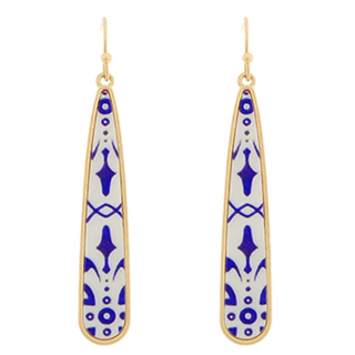 M23-Blue Patterned Long Teardrop Earrings