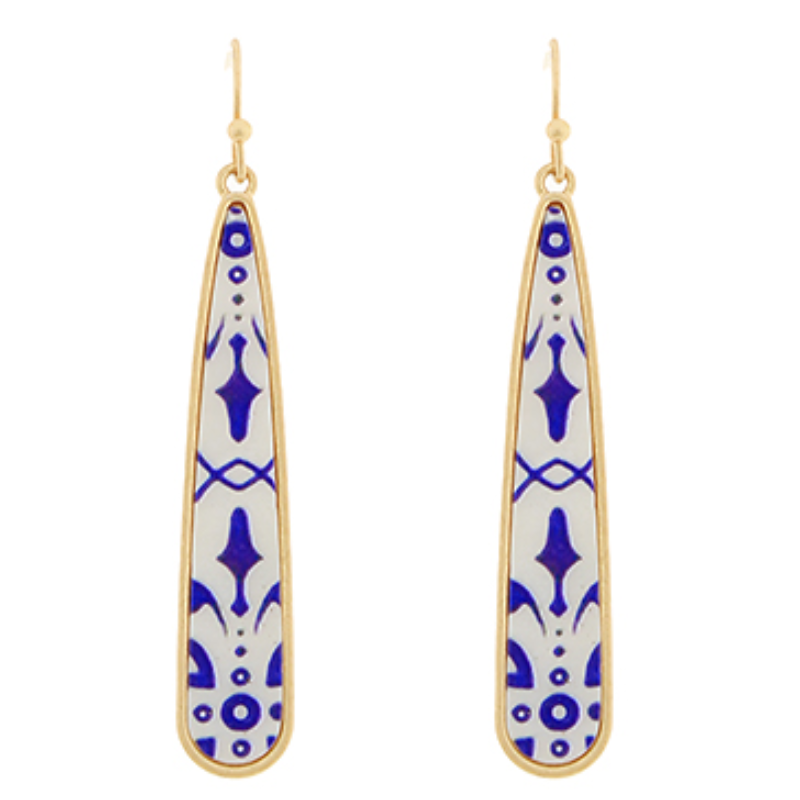 M23-Blue Patterned Long Teardrop Earrings Main Image