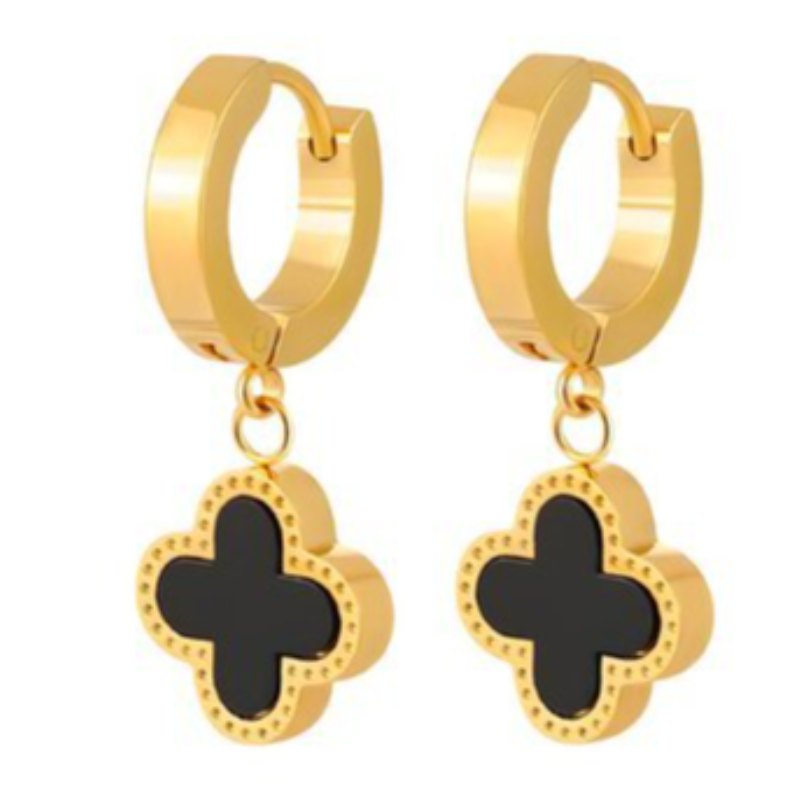 Q47-BLACK AND GOLD DROP HOOP QUATRAFOIL EARRINGS- Main Image