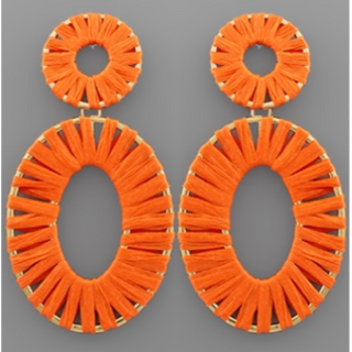 T193- 3.5” Orange Raffia Wrap Circle & Oval Earrings