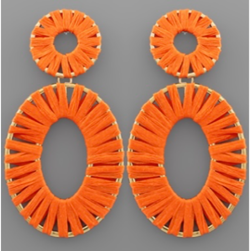 T193- 3.5” Orange Raffia Wrap Circle & Oval Earrings Main Image