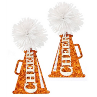 T25- orange glitter cheer megaphone with white Pom earring