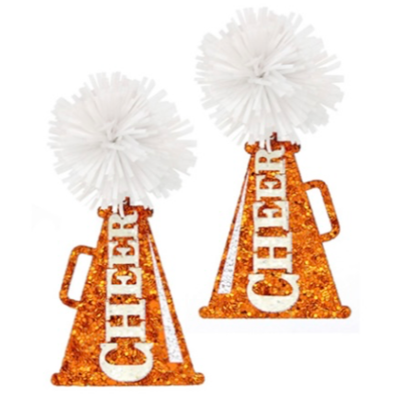 T25- orange glitter cheer megaphone with white Pom earring Main Image