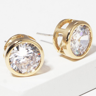 C18-Gold Dipped 9mm Round Bezel CZ Sterling Silver Post Stud Earrings (available in Gold & Rhodium)