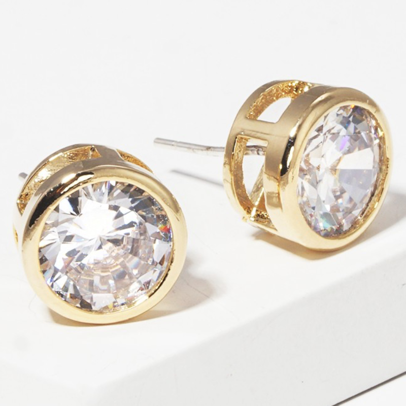 C18-Gold Dipped 9mm Round Bezel CZ Sterling Silver Post Stud Earrings (available in Gold & Rhodium) Main Image