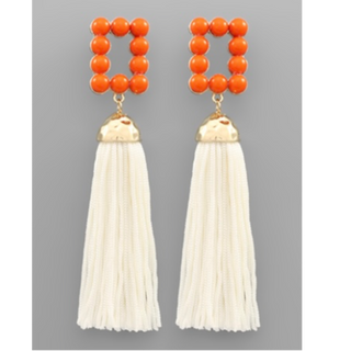 T185- 3.5” Orange & White ССВ Rectangle Tassel Earrings