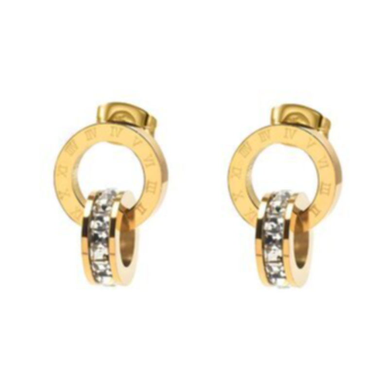 ER3- ROMAN NUMERAL WITH CZ LINKS- 18K GOLD-PLATED STAINLESS-STEEL EARRINGS Main Image