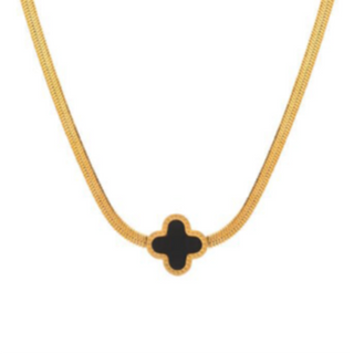 Q45- Black Quatrafoil on serpentine chain- 18K GOLD PLATED STAINLESS STEEL "FOUR-LEAF CLOVER" NECKLACE