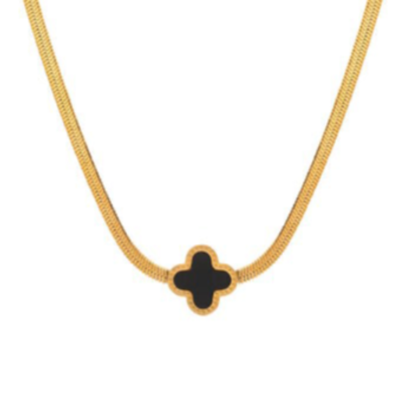 Q45- Black Quatrafoil on serpentine chain- 18K GOLD PLATED STAINLESS STEEL "FOUR-LEAF CLOVER" NECKLACE Main Image