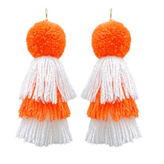 T134- 3” Orange/White "Gameday" PomPom Tassel Earrings