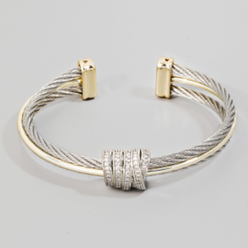 INS19- Cz Pave Two Tone Rope Chain Cuff Bracelet Main Image