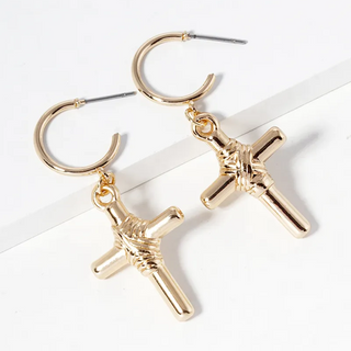 CL30- Hollow cross drop metal 15mm open hoop earrings