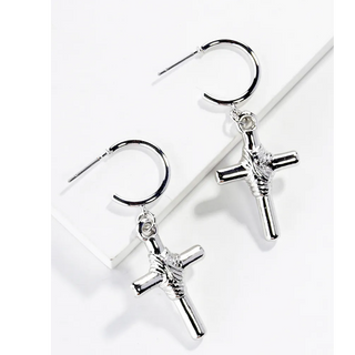 CL30- Hollow cross drop metal 15mm open hoop earrings - Thumbnail 2