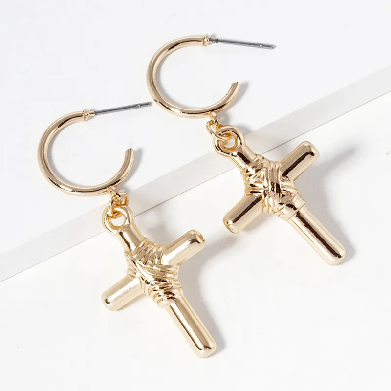 CL30- Hollow cross drop metal 15mm open hoop earrings Main Image