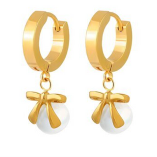 BZ3- PEARL BOW HOOPS 18K GOLD-PLATED STAINLESS-STEEL EARRINGS