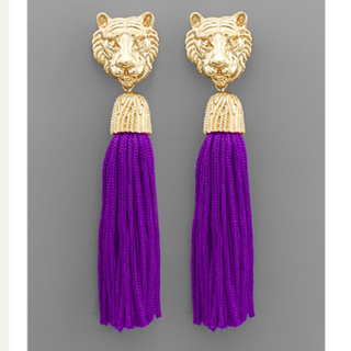 C57- Game Day Gold Tiger Face with Purple Tassel Earrings