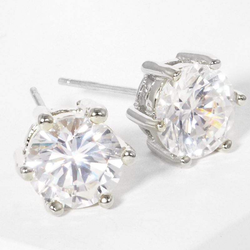 CL14-White gold dipped 8mm 6-prong crown CZ sterling silver post stud earrings Main Image