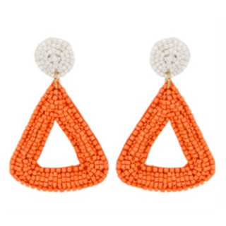 T96- 2 1/4” Orange/ White Beaded Triangle Drop Earrings