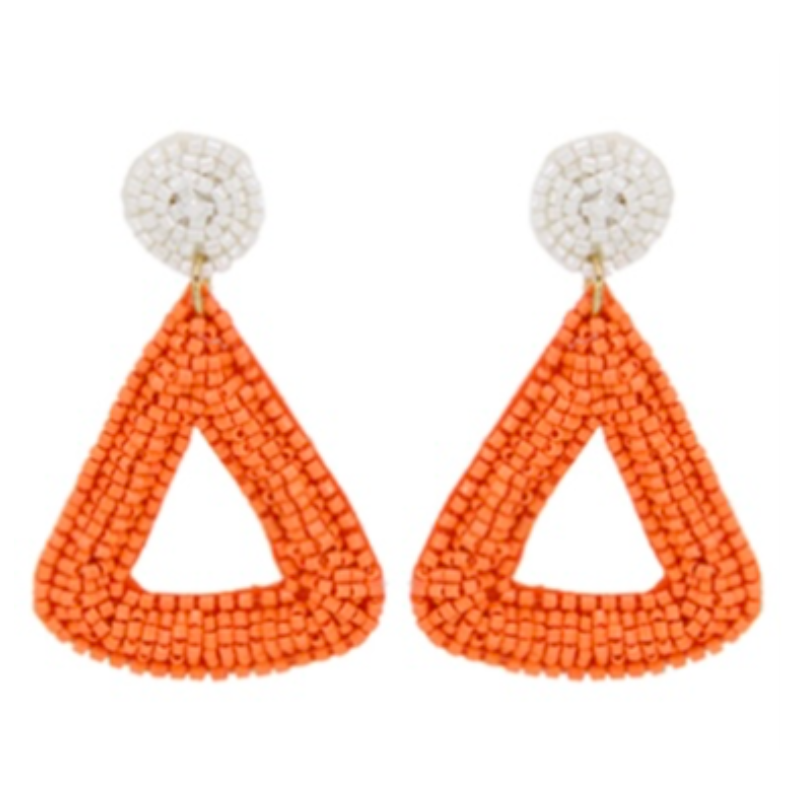 T96- 2 1/4” Orange/ White Beaded Triangle Drop Earrings Main Image