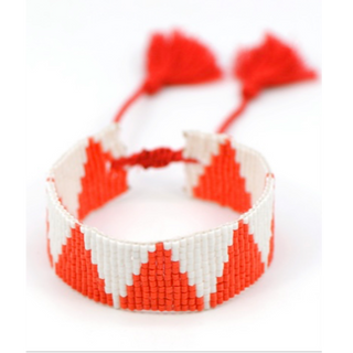 T186- White & Orange Triangle Seed Beaded Bracelet with Pull Adjustment