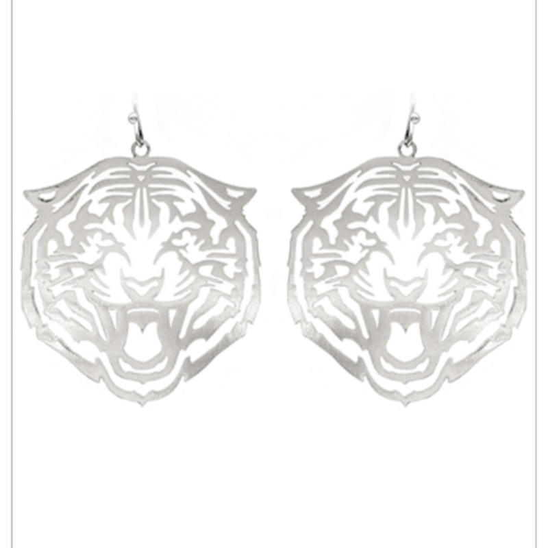 C92 - Rhodium Filigree Tiger Head Earrings   Main Image