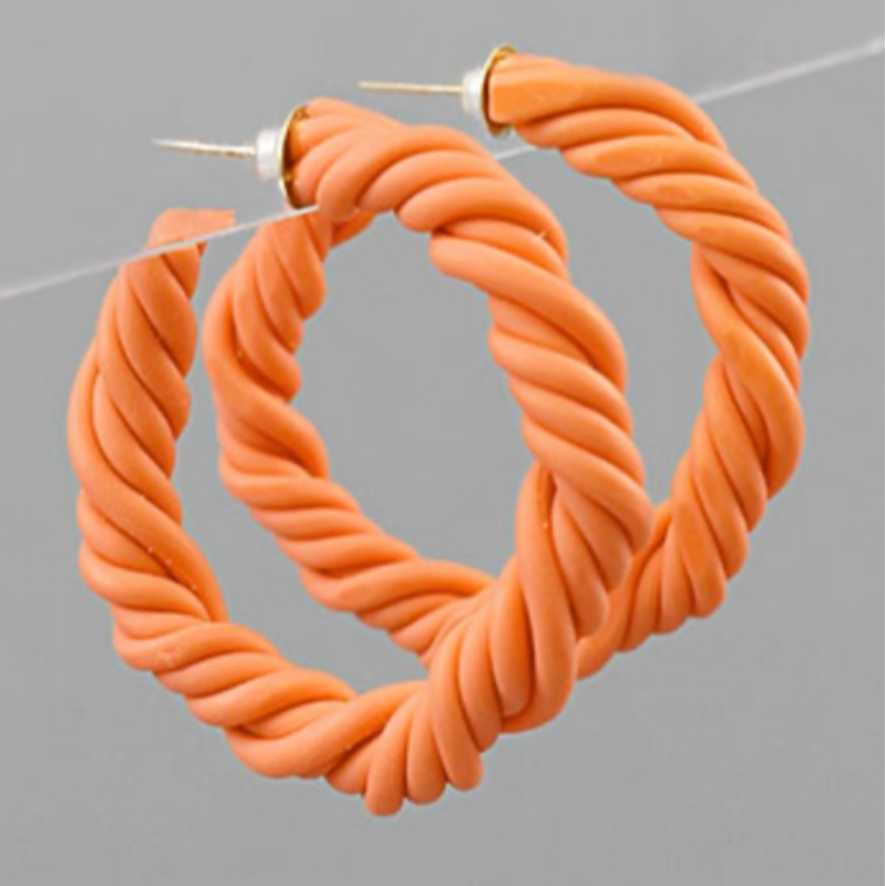 C33- Polymer Clay Twisted Hoops- Orange Main Image