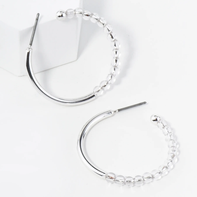 H6- Clear Glass Beaded 30mm Open Hoop Earrings - Thumbnail (Preview) 2