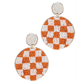 T70- 2.5” White & Orange Checker Pattern Round Earrings