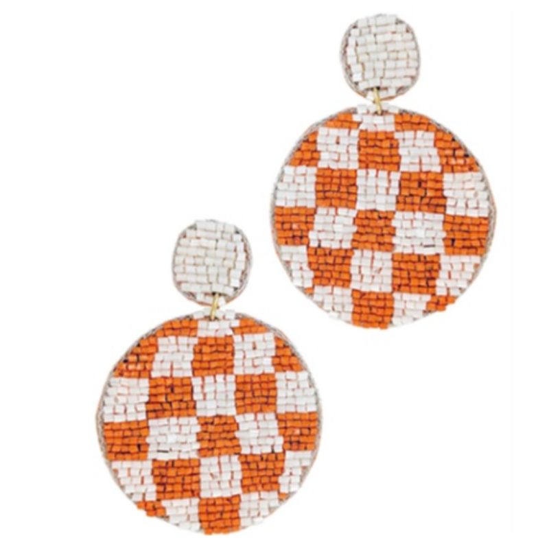 T70- 2.5” White & Orange Checker Pattern Round Earrings Main Image